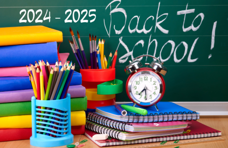 back to school title with school supplies and tools