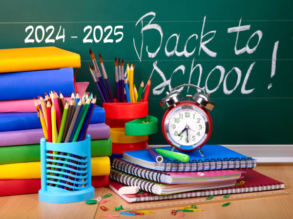 back to school title with school supplies and tools